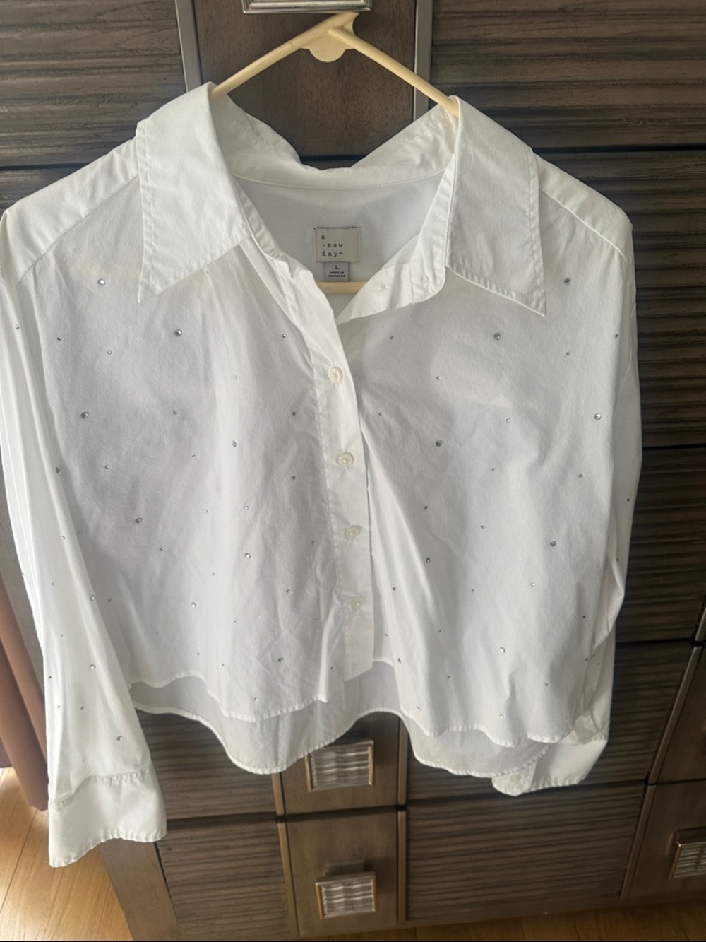 Women’s White Button Down Shirt with Subtle Crystal Dots